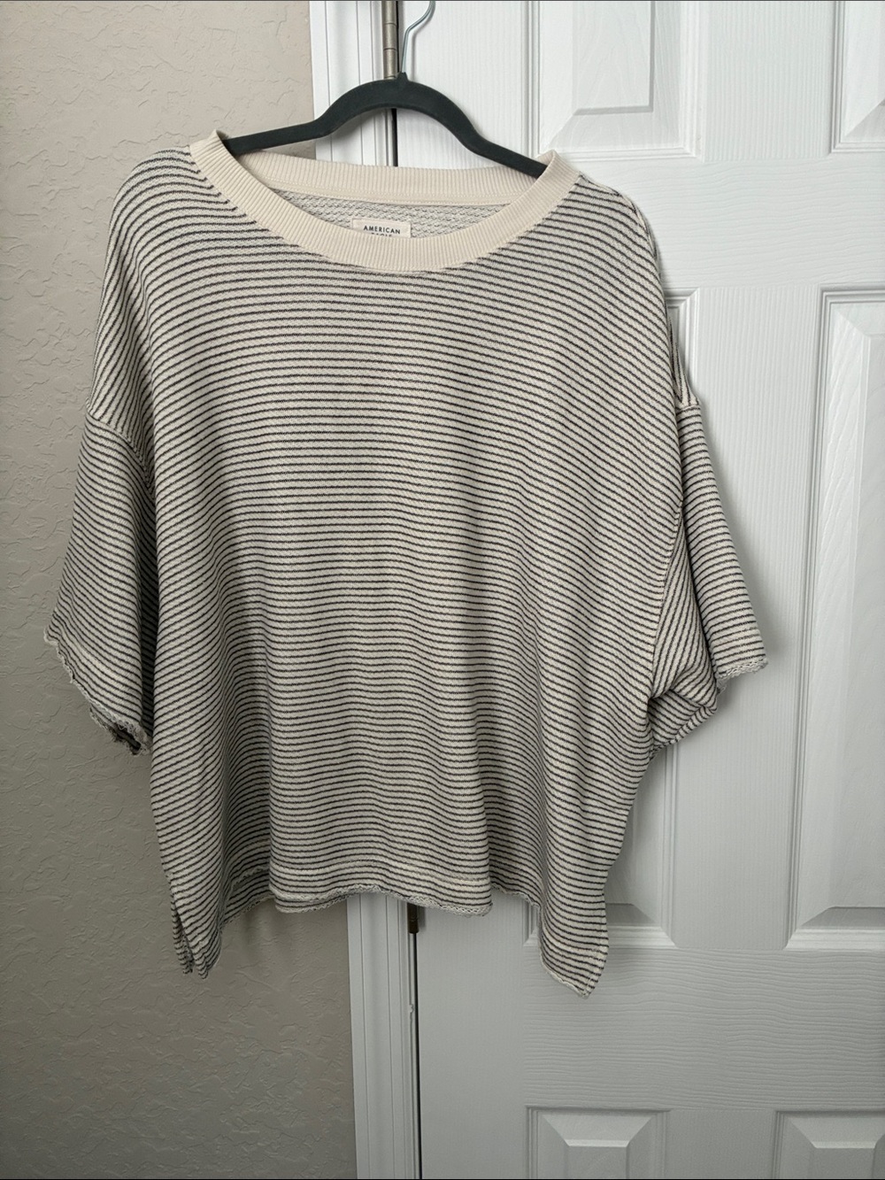 American Eagle Outfitters Cream and Black Striped Boxy Short Sleeve Sweater